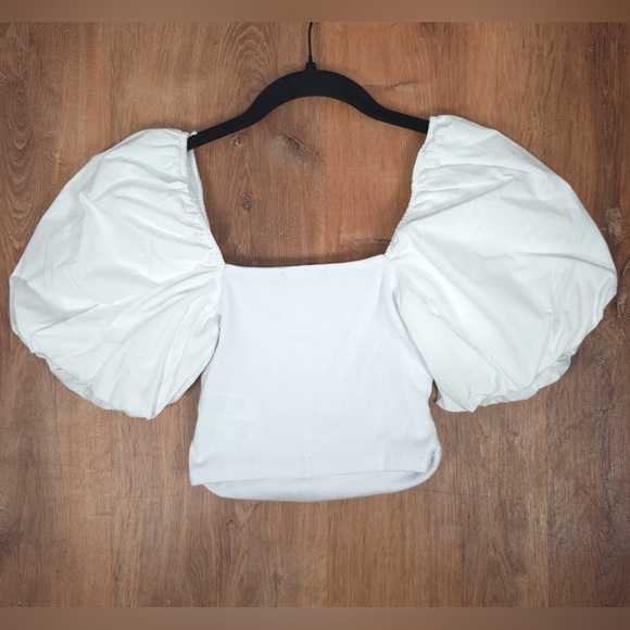 NWT ZARA White Puff Short Sleeve Square Neck Ribbed Crop Top 1660/809 SMALL - Picture 5 of 11